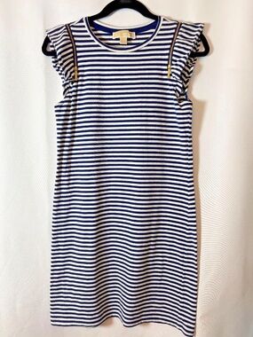 Michael Kors Striped Dress XS Navy White Gold Zipper Shoulder Casual